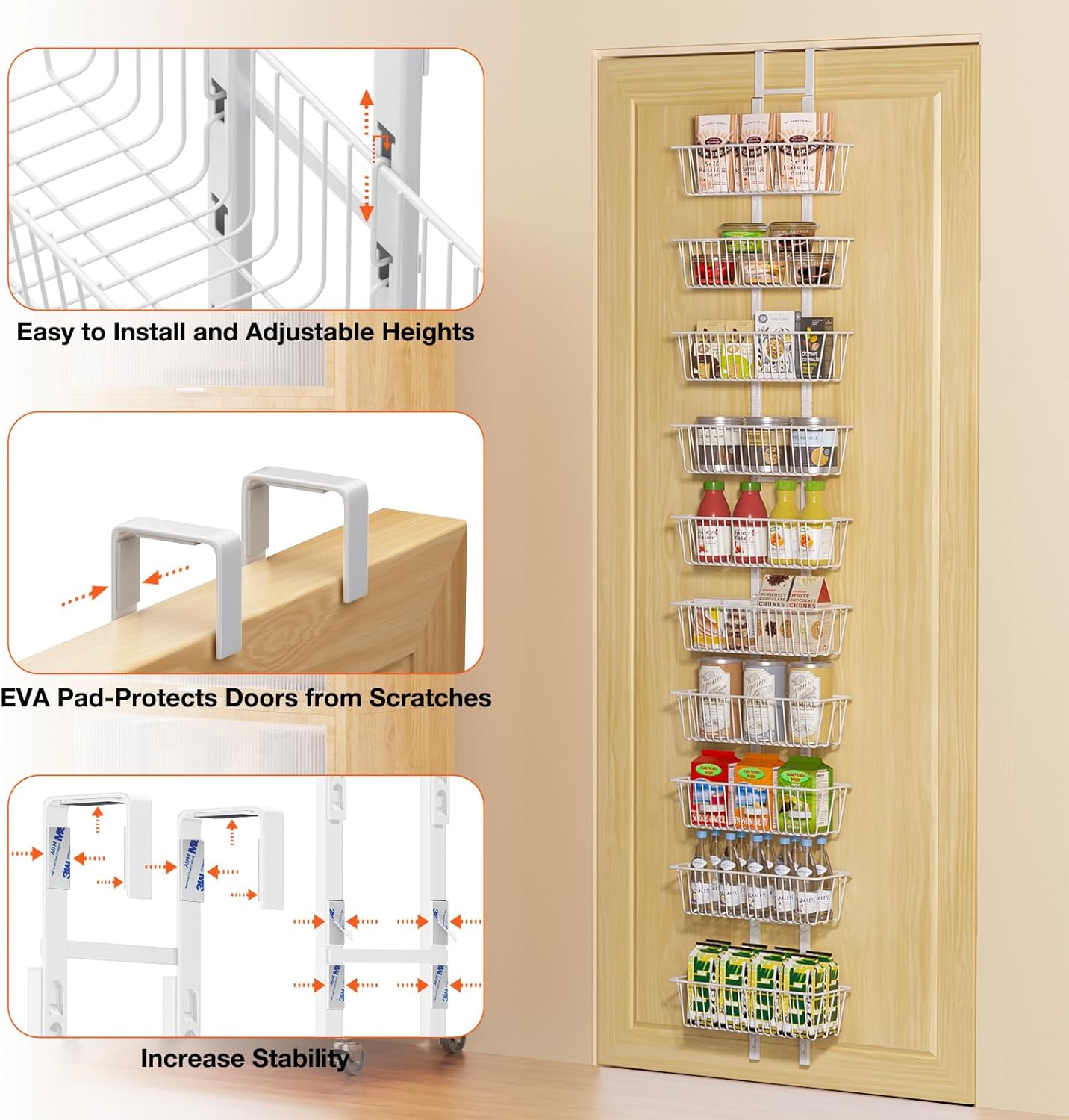 10 Tier Over the Door Pantry Organizer, Over the Door Spice Rack with Adjustable Baskets, Metal Hanging Door Pantry Organizers and Storage for Kitchen Bathroom Bedroom, White