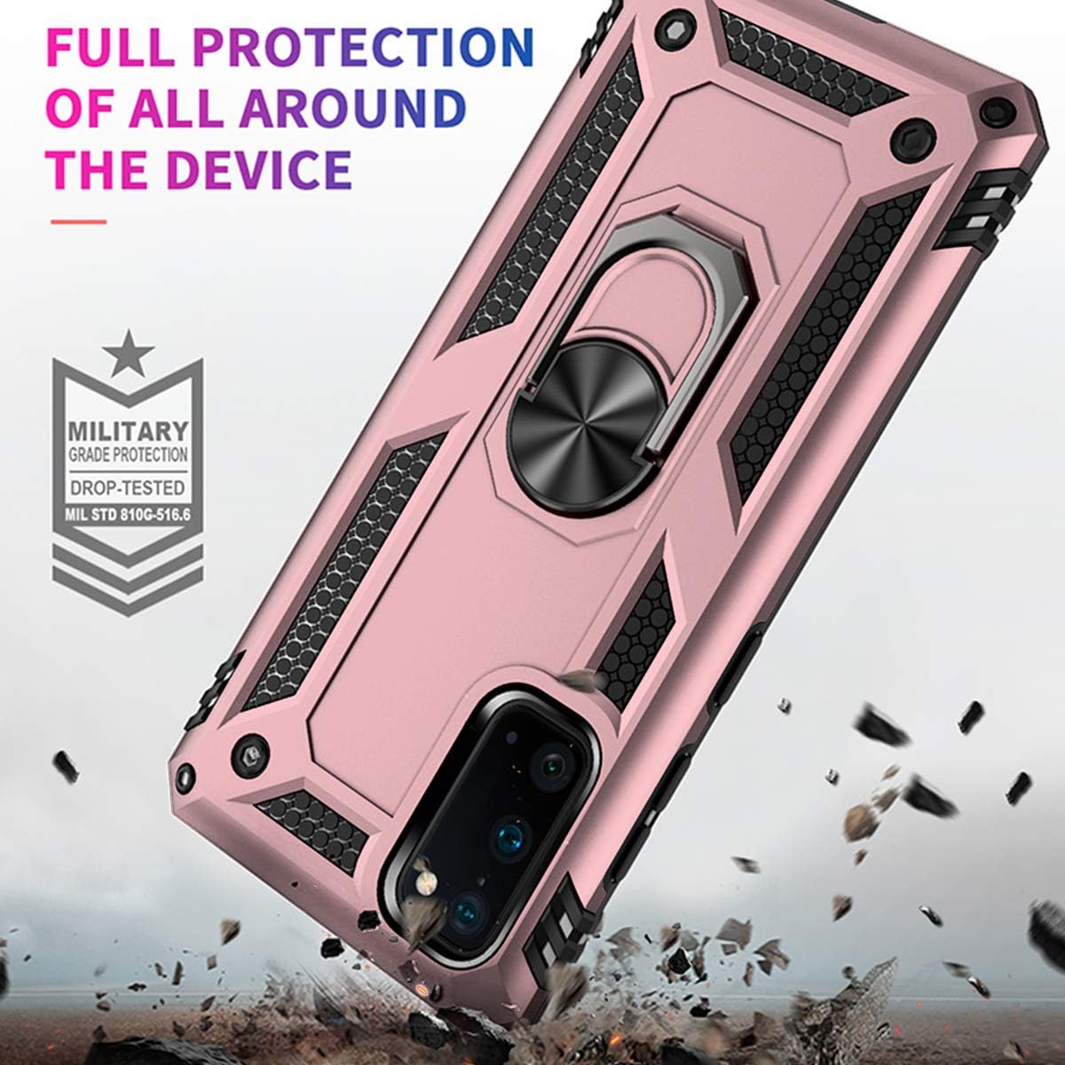Newseego Compatible with Samsung Galaxy S20 Case(6.2inch), Armor Case with 360 Degree Rotating Metal Ring Holder Kickstand & Shock & Scratch Support Shockproof Hard Cover–Rose Gold
