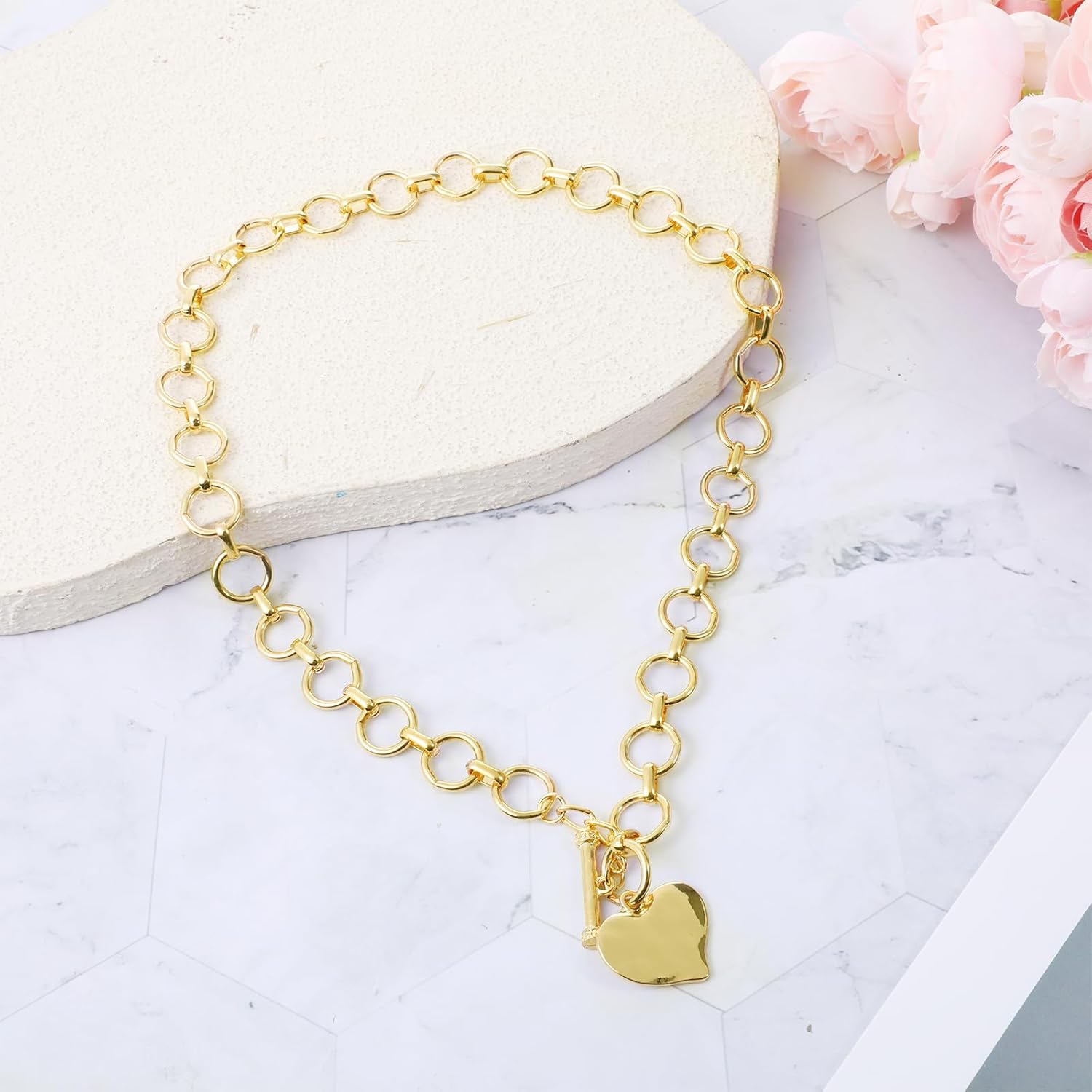 Chunky Gold Necklace for Women Chunky Heart Necklace Gold Pendant Necklaces Vintage Heart Pendant for Jewelry Gifts On Birthday Holidays Valentine's Day - Image 7