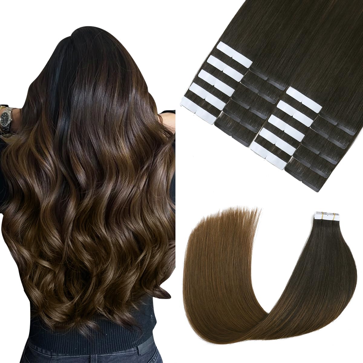 Sindra Tape in Hair Extensions Natural Black Fading to Medium Brown Color #1BT4 Remy Human Hair 20 Inch 50g Seamless PU Skin Weft Tape in Extensions #1BT4 20inch