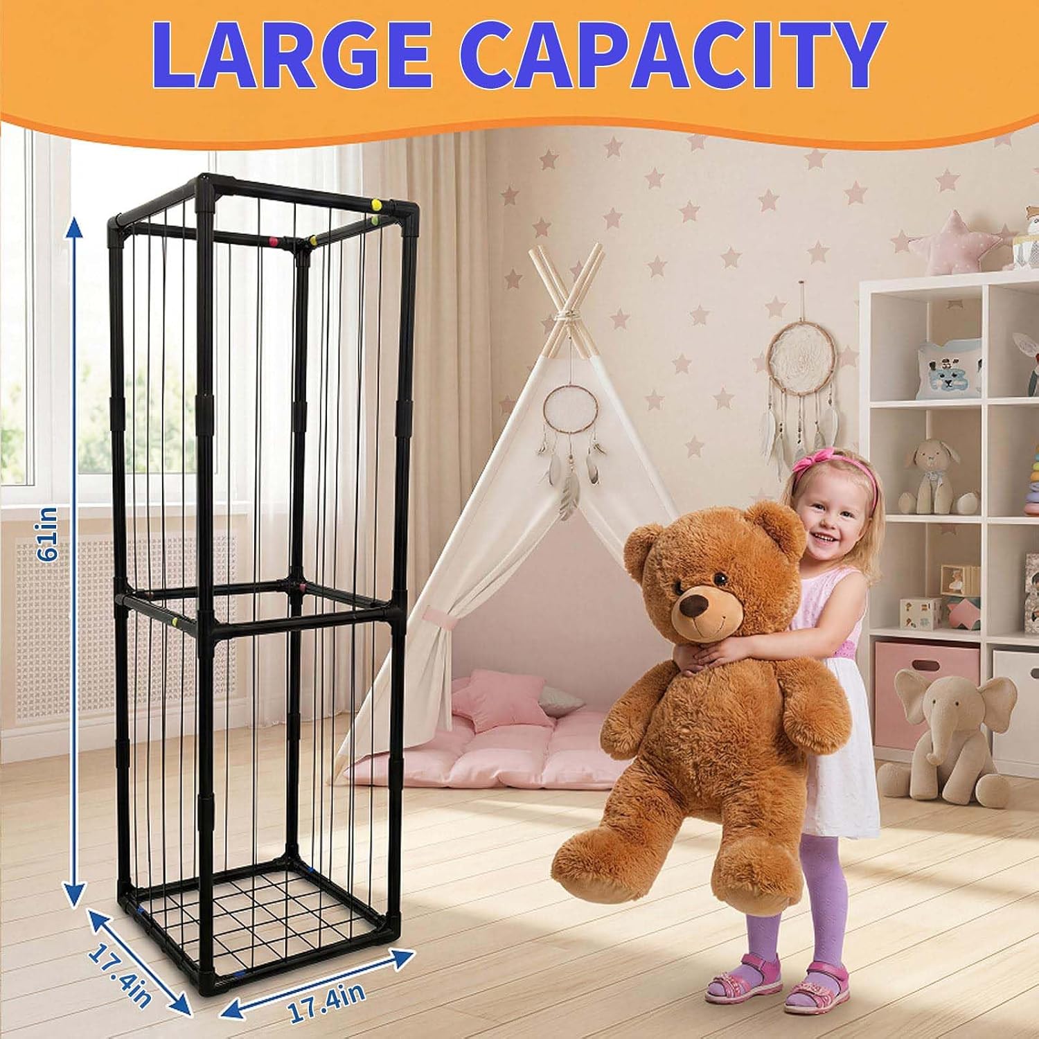 Stuffed Animal Storage, Kids Toy Zoo Storage Organizer with Elastic Band, Thicken PVC Tube Large Stuffed Animals Holder for Nursery Playroom Bedroom Room Furniture Plush Storage(Black) image 2