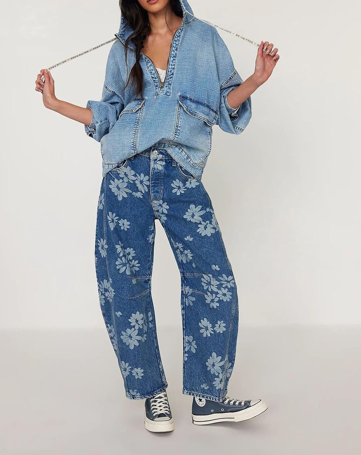 yoeasy Women's Mid Rise Baggy Barrel Jeans Floral Printed Wide Leg Y2k Boyfriend Jeans Denim Ankle Pants - Image 5