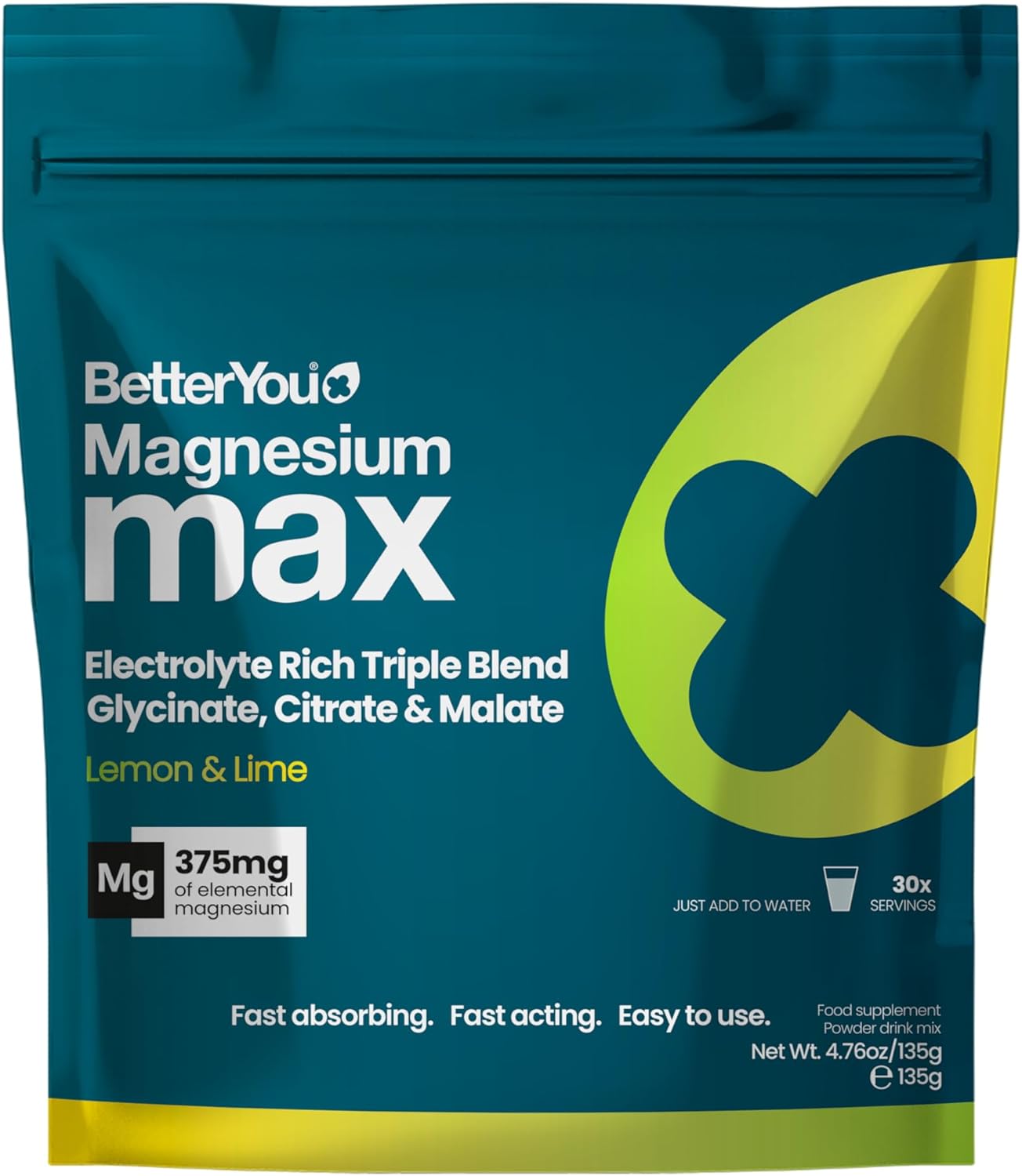 BetterYou Magnesium Glycinate, Citrate & Malate Supplement | Magnesium Max Powder – Lemon & Lime Flavoured, 3-in-1 Powder 375mg Elemental Absorbtion, Fast Absorbing, Fast Acting & Easy to Use