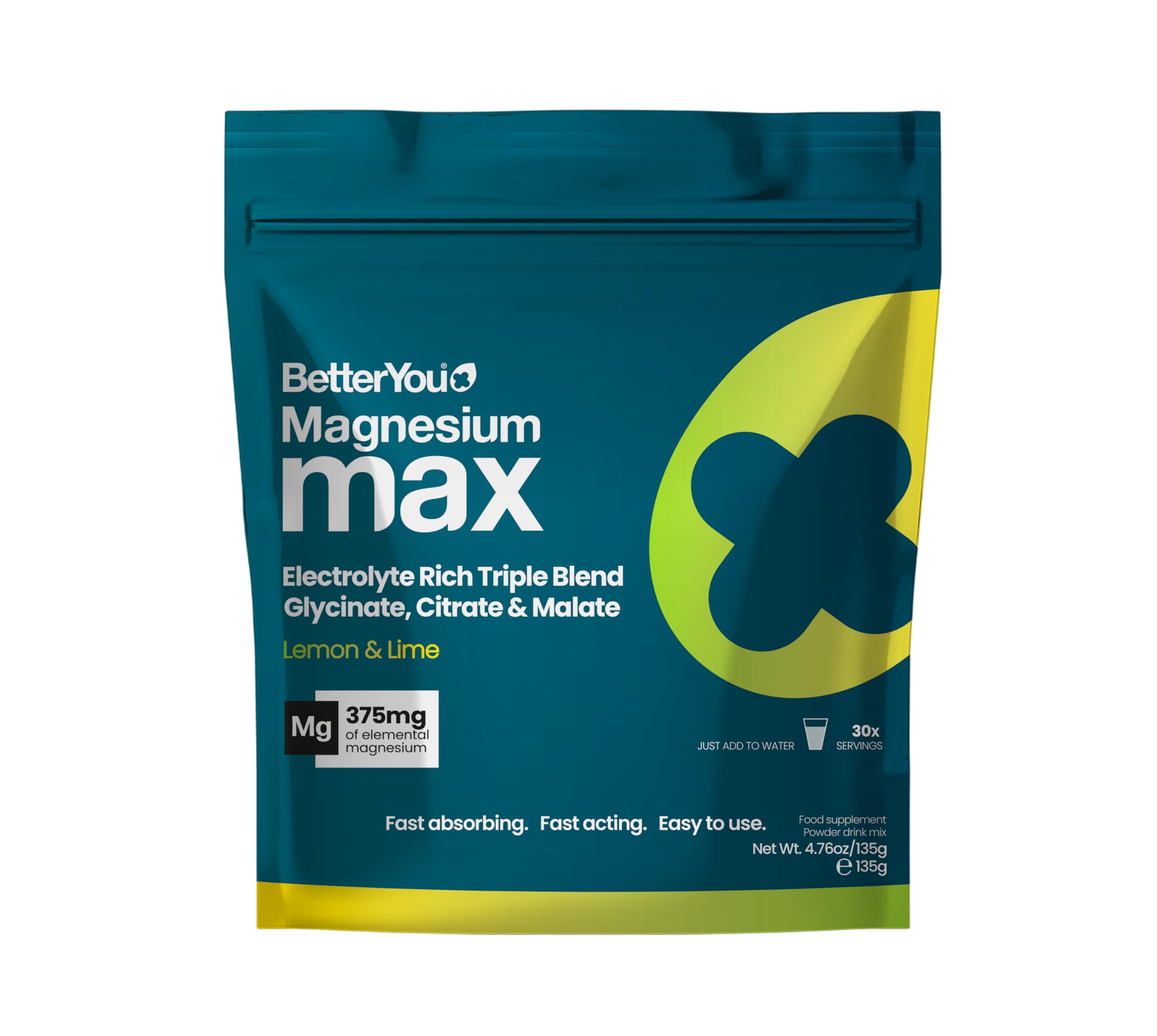 BetterYou Magnesium Glycinate, Citrate & Malate Supplement | Magnesium Max Powder - Lemon & Lime Flavoured, 3-in-1 Powder 375mg Elemental Magnesium, Fast Absorbing, Fast Acting & Easy to Use Drink