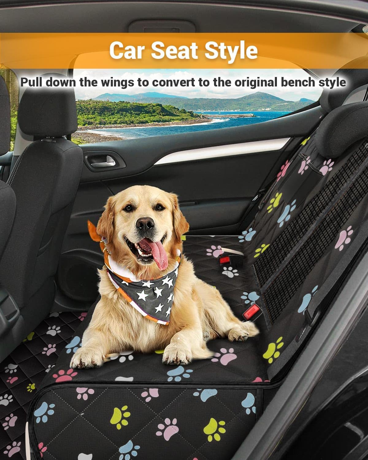 Dog Car Seat Cover, 600D Heavy Dute Car Seat Cover for Dogs Pets, 100% Waterproof Anti-Scratch Nonslip Dog Hammock for Cars, Seat Covers Protector with SeatBelt for Sedan SUV Truck Standard Paw thumbnail