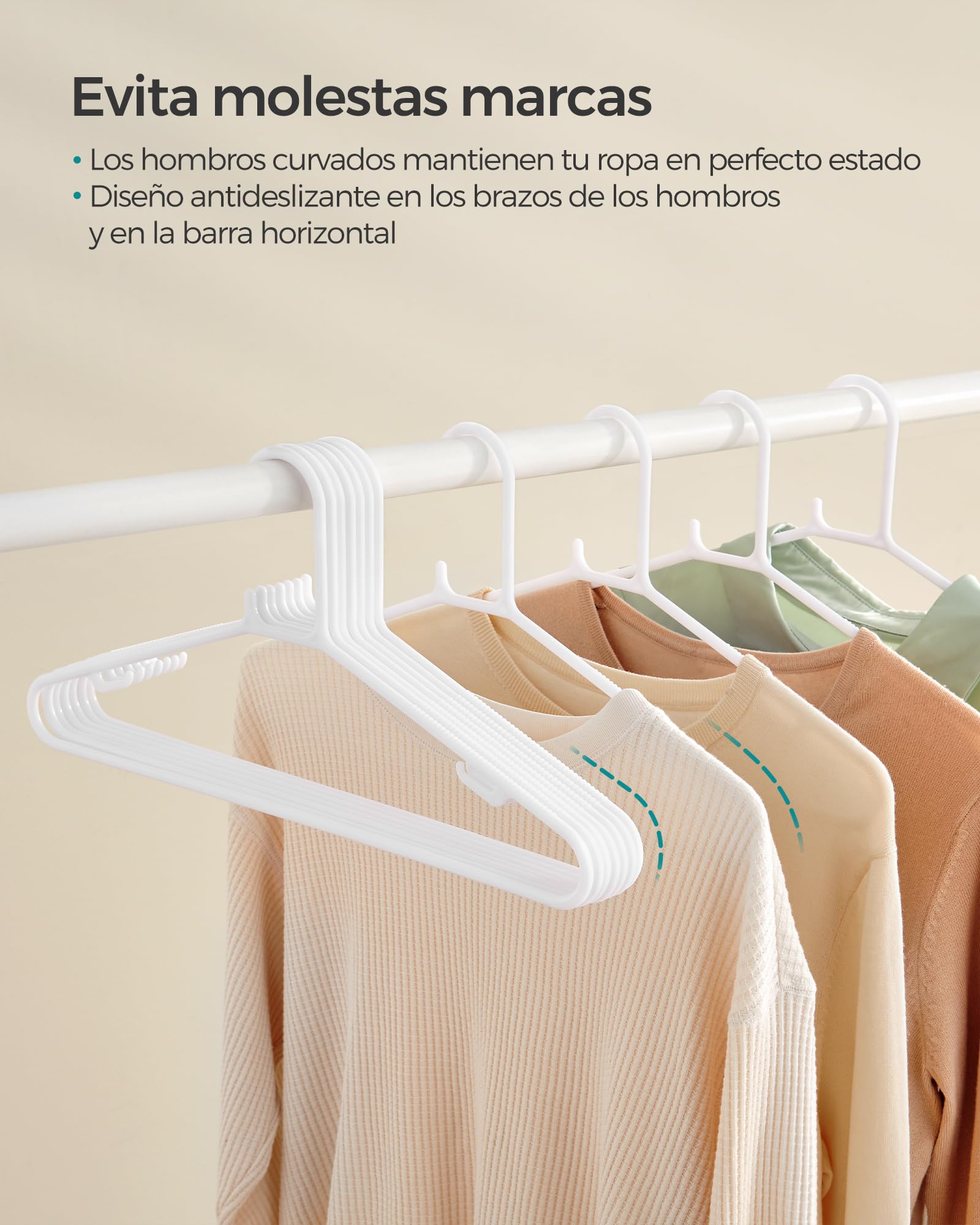 SONGMICS Juego de 30 Perchas de Plástico, Percha Que Ahorra Espacio, Perchas Ligeras, para Pantalones, Abrigos, Vestidos, Blanco CRP009W30