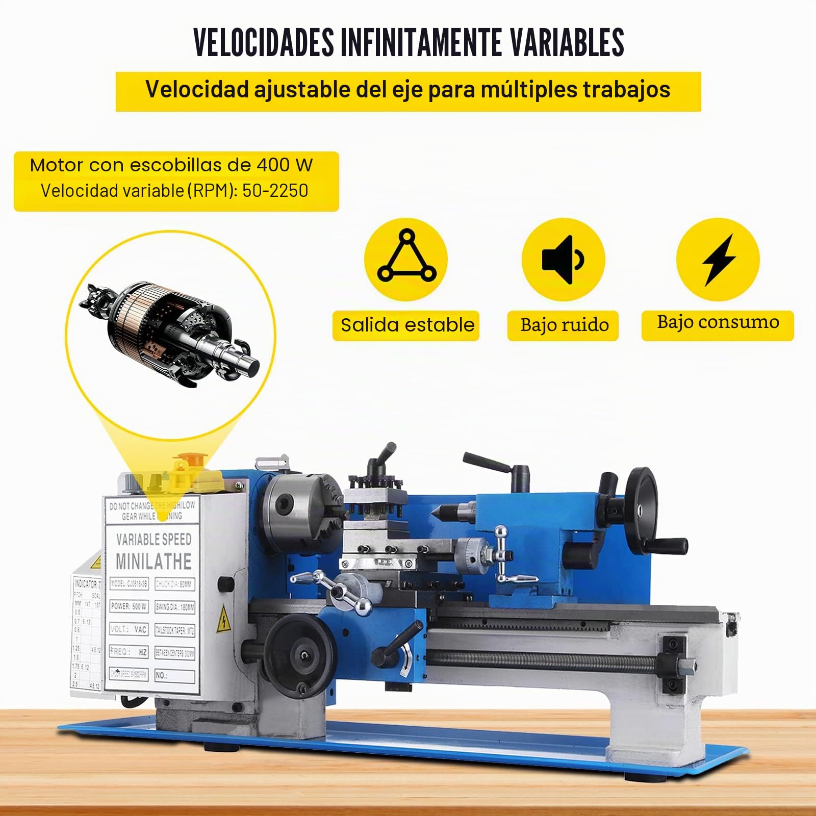 BestEquip Mini Torno de Metal 180mm x 350mm, Velocidad Variable 50-2250 RPM 550W Engranaje de Nylon, Mini Torno de Banco 0,75HP, Fresadora de Velocidad de Husillo Variable