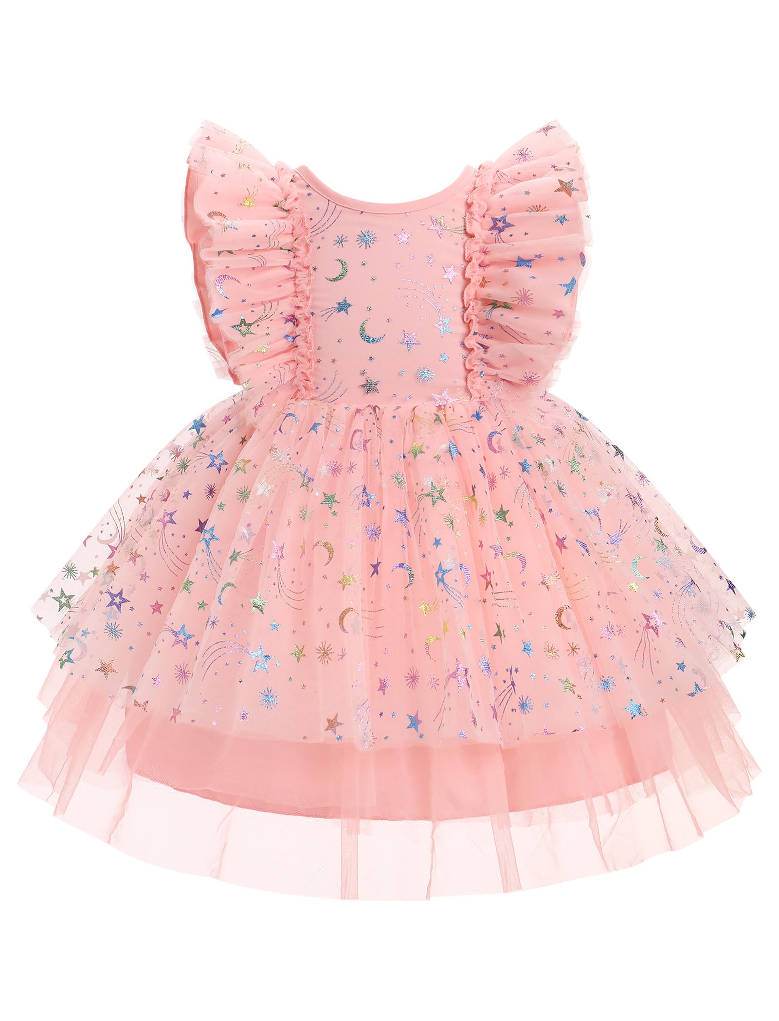 IMEKIS 1st 2nd Birthday Girl Outfit: Baby Space Cake Smash Toddler Graduation Smocked Dress Kids Princess Sparkly Tulle Tea Party Formal Pageant Tutu Photoshoot Peach Stars Moon 12-18 Months