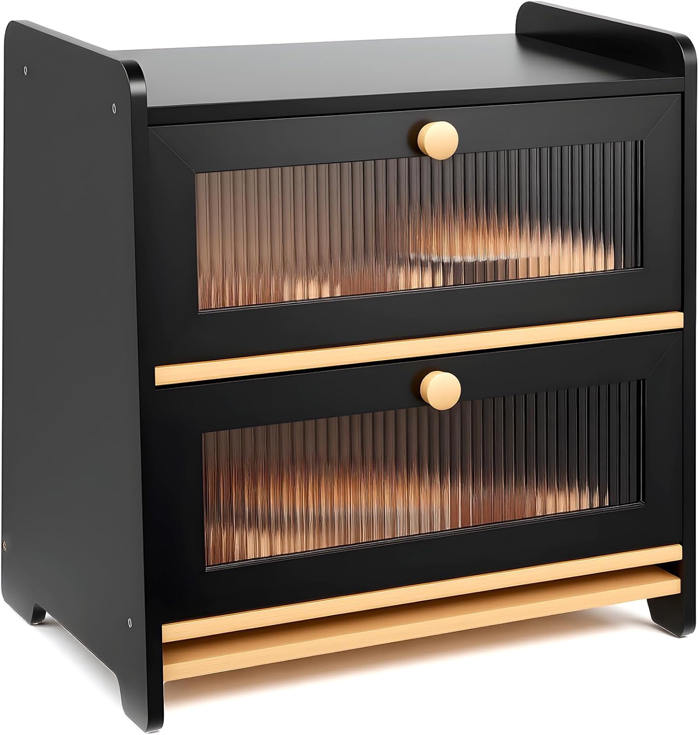 HAUSPROFI Two-Layer Bread Bin, Double Bamboo Bread Box, Large Capacity Bread Storage Bin with Stiped Window Door Pancel, Handle and a Cutting Board, Breads Storage Box for Kitchen Countertop (Black)