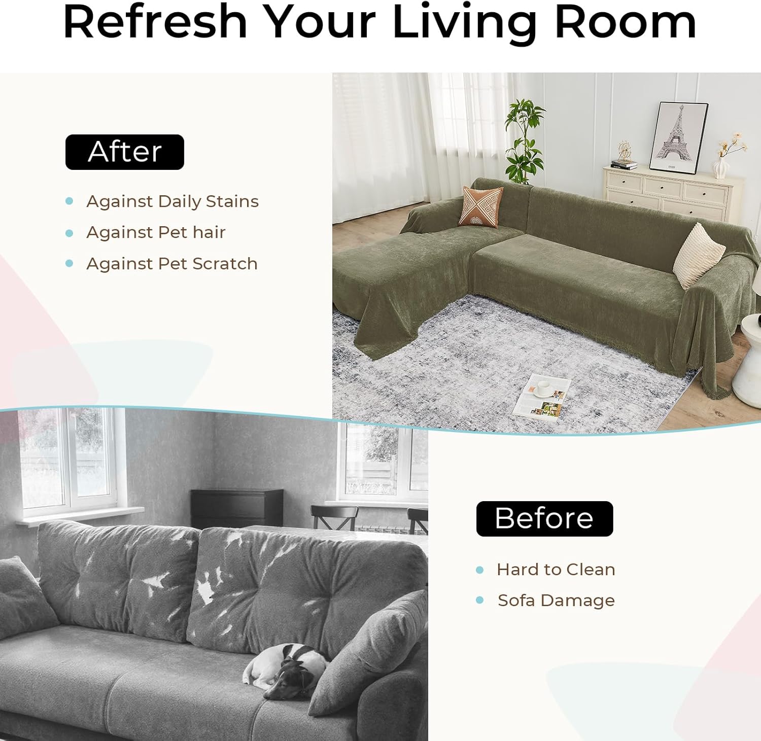 Sectional Couch Covers, 2 Pieces Chenille Sofa Cover L Shaped Couch Cover Blanket for Dogs Washable Sofa Slipcovers Pet Furniture Protector (X-Large: 71" x 110" + 71" x 118", Sage Green)