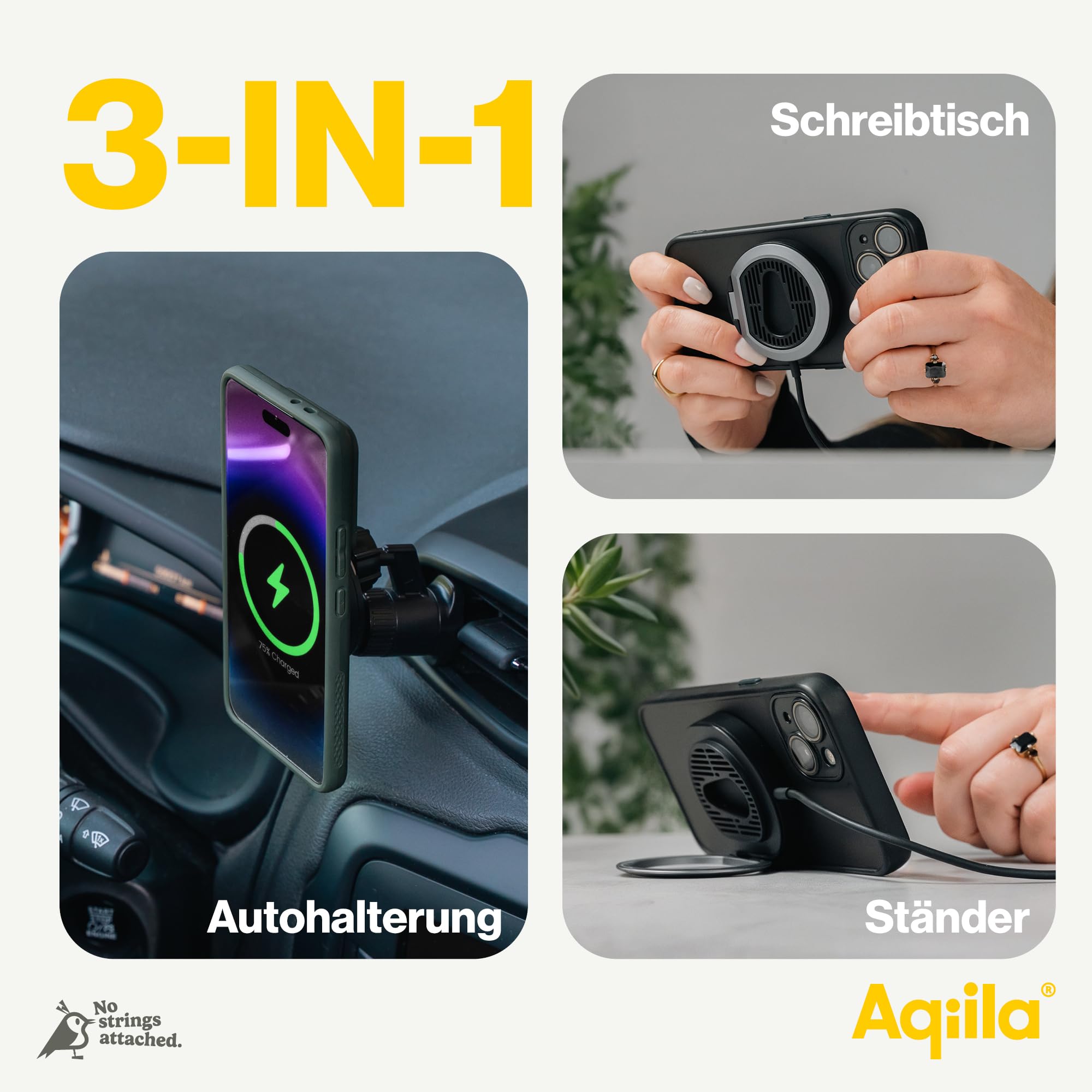 Qi2 bezprzewodowa ładowarka z uchwytem samochodowym, ładowarka 15 W do MagSafe, funkcja 3 w 1, silny magnes 1000 gf, ładowarka indukcyjna, bezprzewodowa ładowarka Powerbird, czarna