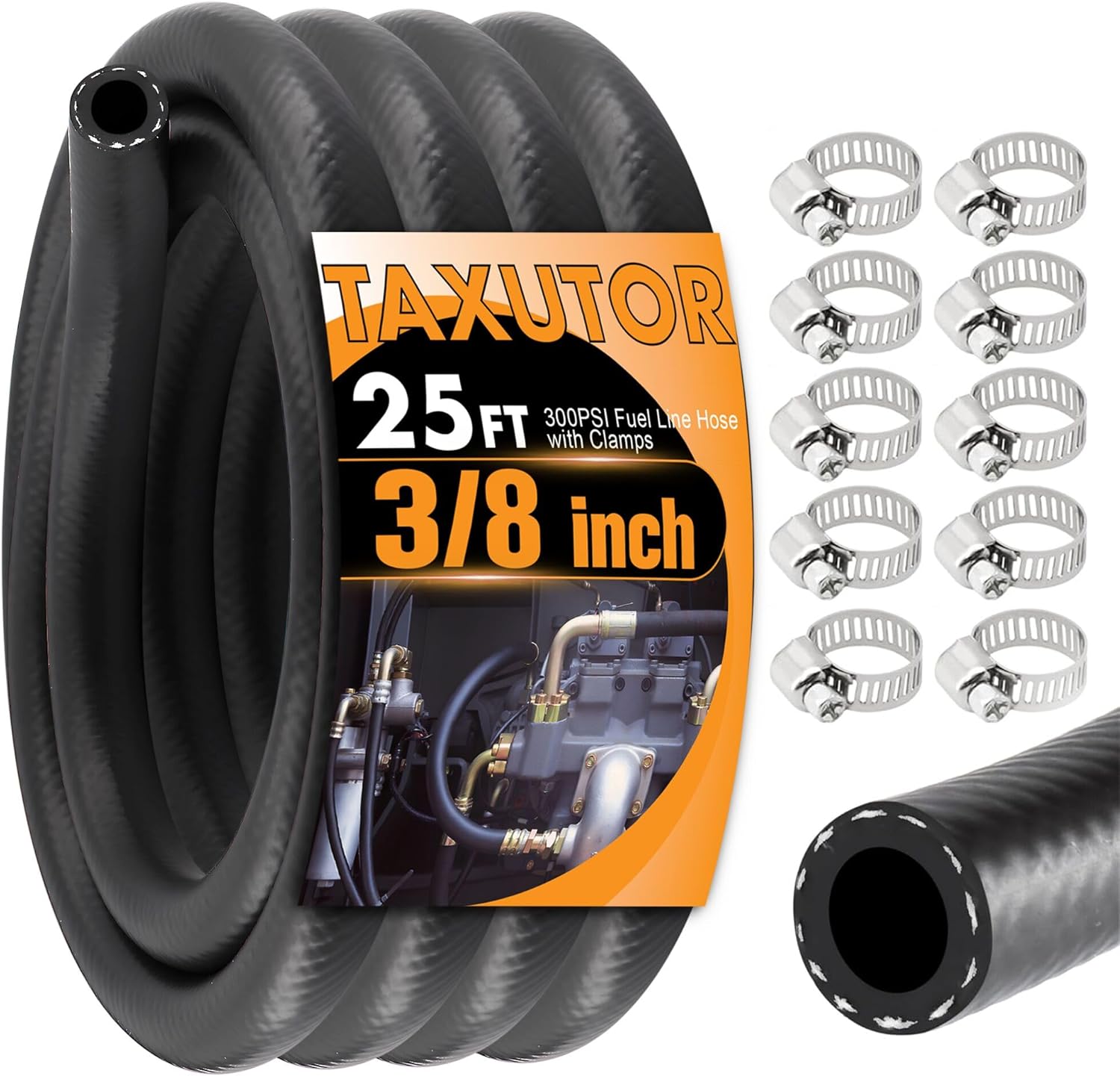 3/8" Inch Internal Diameter Fuel Line Hose 25FT - NBR Rubber Replacement for Small Engine, Car, Boat - SAE 30R7 300PSI Kit for Gas, Oil, Coolant Lines