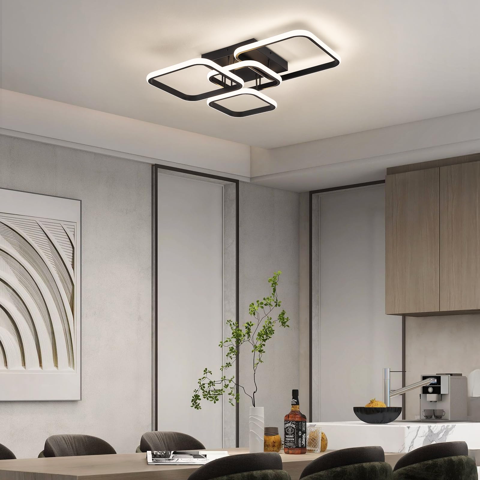 Moderne LED Deckenleuchte, 60W 57CM Wohnzimmerlampe Schwarze Deckenlampe | 4000k LED Lampe für Wohnzimmer Schlafzimmer Esszimmer Flur Küche