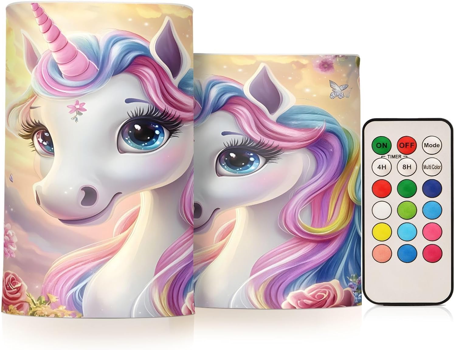 ALAZA Unicorn Rose Flower Floral Flickering Flameless Candles Pillar Led Candles Battery Operated Candles with Remote and Timers Set of 2