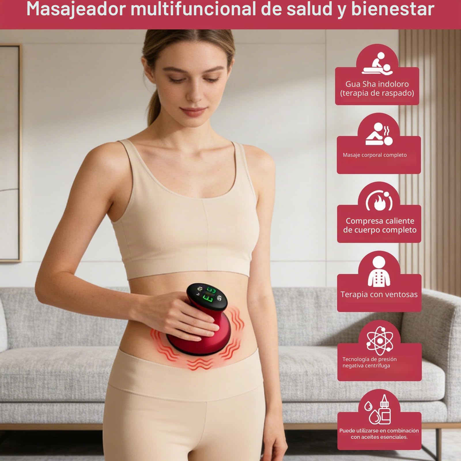 Masajeador eléctrico con ventosa, 24 puntos de succión, 9 niveles de succión, 8 puntos de infrarrojos rojos, función de calentamiento, cepillo meridiano y masaje de raspado, adecuado para abdomen