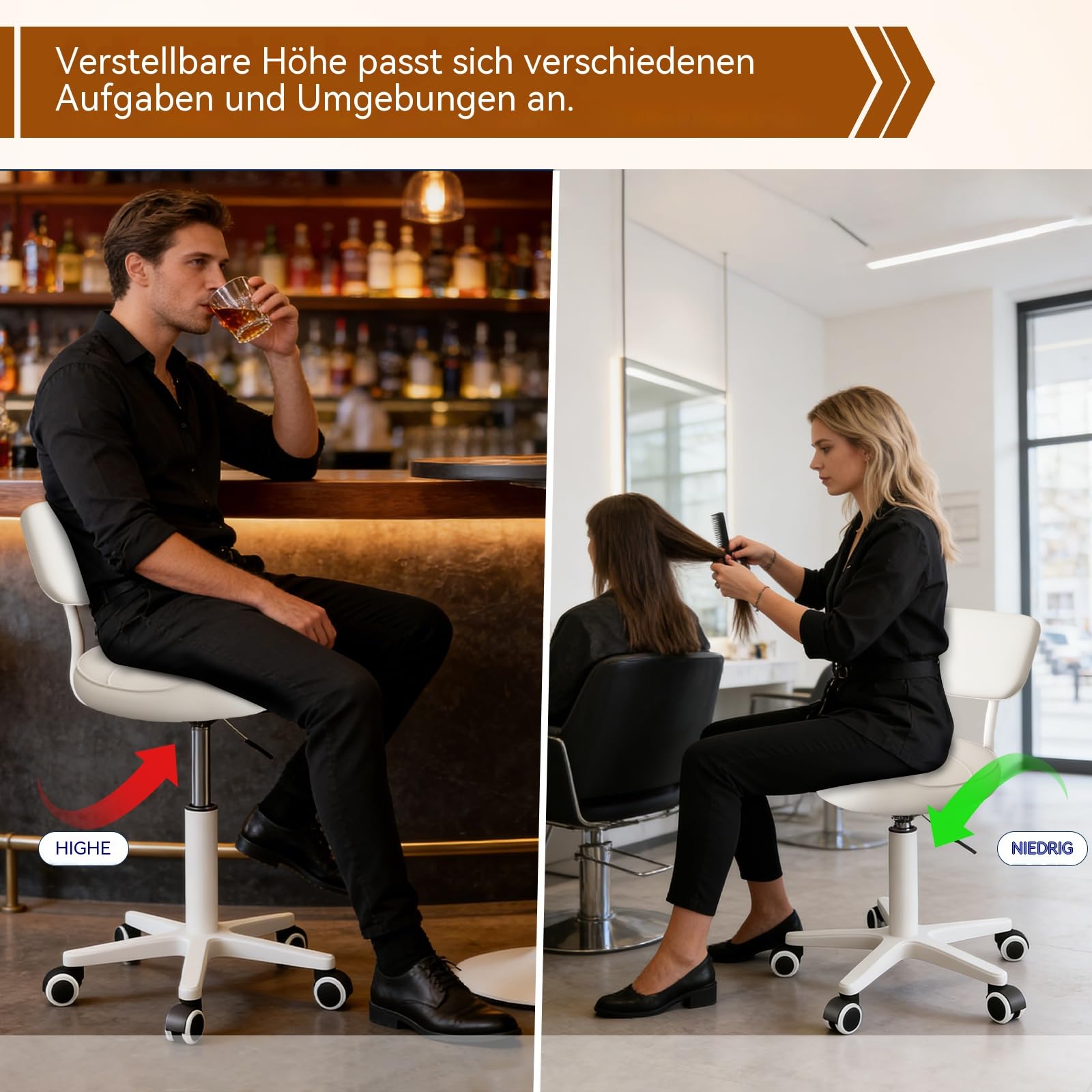 Sattelhocker mit Rückenlehne, gepolsterter Sitz, ergonomischer Schreibtischstuhl, Rollhocker mit Rollen für Friseur, Zahnarzt, Spa, Massage, Büro & Zuhause