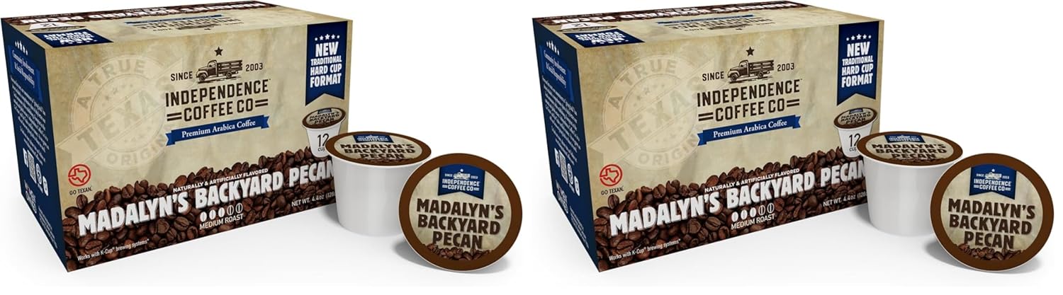 Independence Coffee Co. Madalyn's Backyard Pecan Flavored Mellow Body, Light Roast, Single Serve Coffee K Cup Pods, 12 Count (Pack of 2)