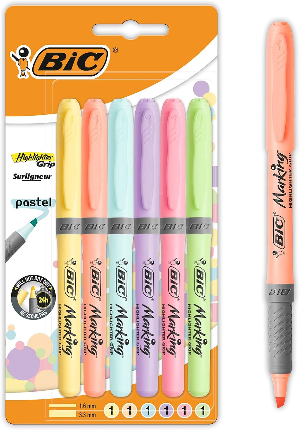 BIC Highlighter Grip Surligneurs pastel à pointe biseautée modulaire – Couleurs assorties, blister de 6