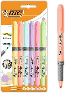 BIC Highlighter Grip Pastel - Surligneurs à Pointe Biseautée Modulable - Couleurs Assorties, Blister de 6