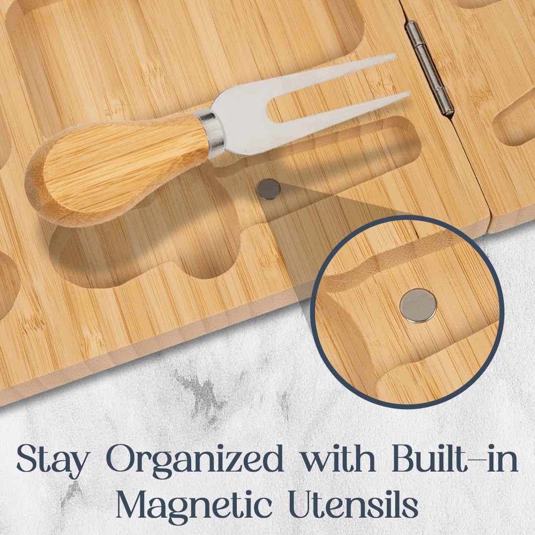 Charcuterie Board - Large Bamboo Cheese Board with Magnetic Knife Set - Wooden Cheese Platter - Foldable Charcuterie Board for House Warming Gifts New Home & Wedding Gifts - Image 4