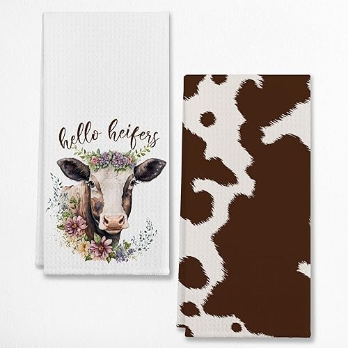EIONEY Hello Heifers - Toallas de cocina y té con estampado floral de piel de vaca y acuarela, toalla de mano para decoración de cocina de granja,