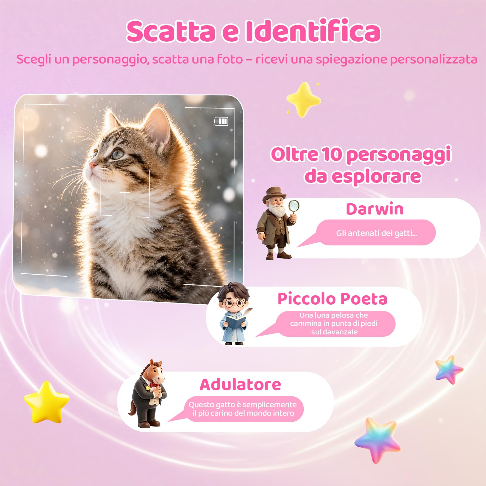 CHAKEYAKE Macchina Fotografica Bambini Istantanea, AI Riconoscimento Vocale E Immagini, Schermo da 2,4 Pollici, Funzione Foto & Video, Adesivi Creativi E Filtri, Regalo Per Ragazzi Ragazze, Rosa