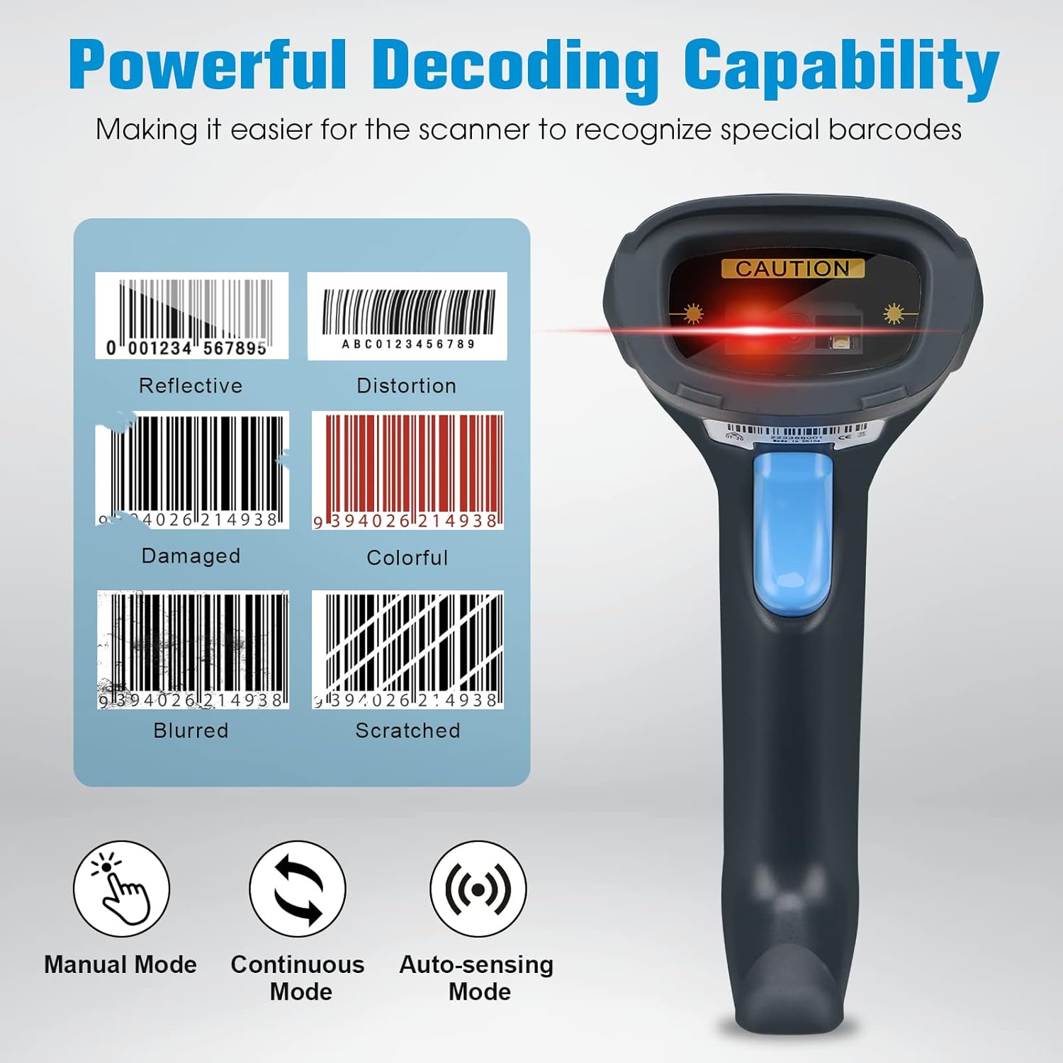 OBZ Handheld Barcode Scanner demonstrating its powerful decoding capability by scanning reflective, distorted, damaged, colorful, blurred, and scratched barcodes.