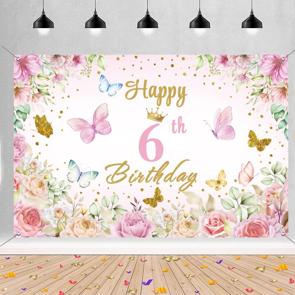 6th Birthday Decoration for Girls, Happy 6th Birth day Banner Fabric Sign Poster Flower, 6 Years Old Birthday Party Background Banner Wall Door Decoration Welcome Sign, 150 cm x 90 cm
