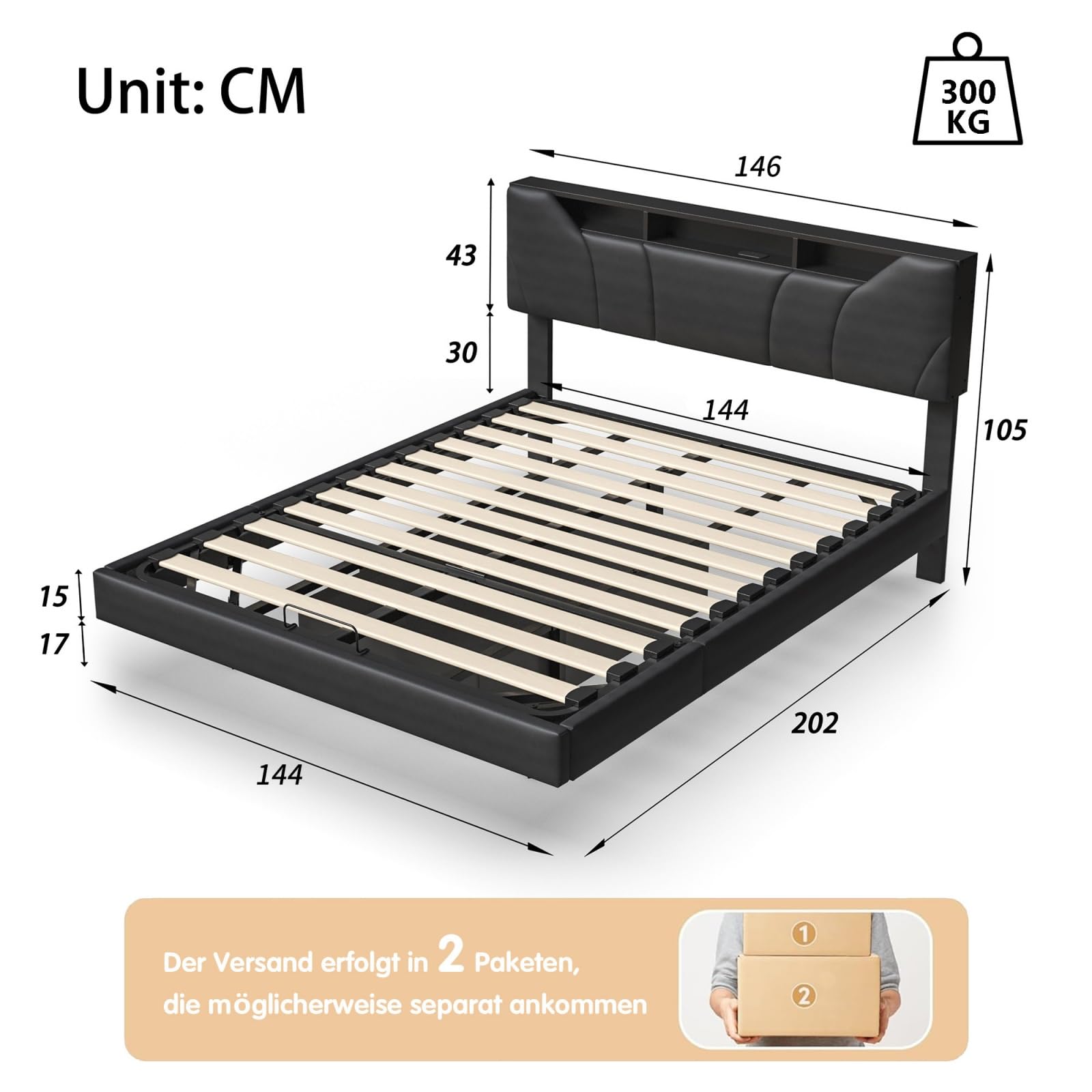 BestAlice Letto matrimoniale imbottito 140 x 200 cm, letto sospeso con stazione di ricarica e LED, letto per ragazzi, testiera regolabile con ripiani aperti e spazio di archiviazione, PU nero