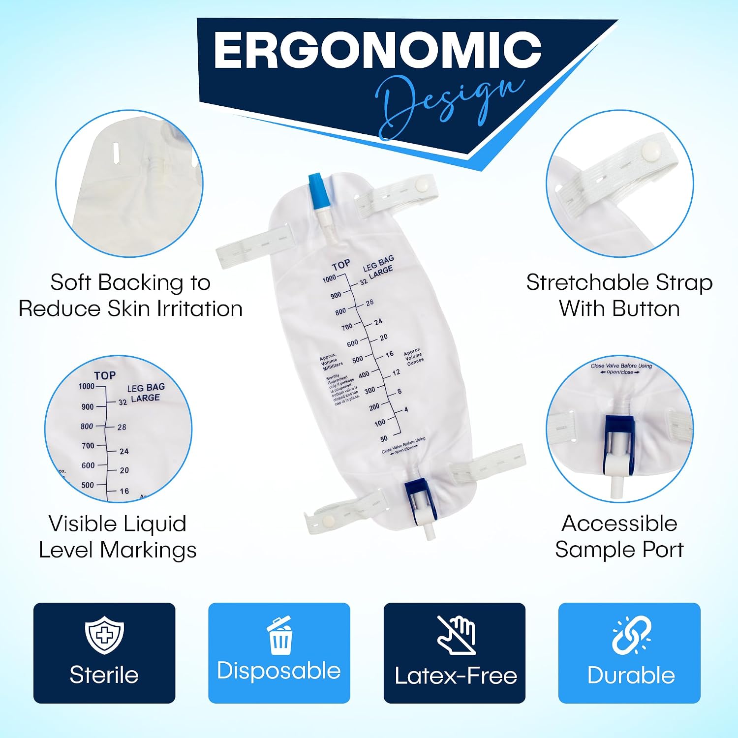 Urine Leg Bags 1000ml with Deluxe 2-Inch Support Strap – Comfortable Anti-Reflux Drainage Bag Set for Incontinence & Catheter Care, Deluxe 2" Wide Leg Strap Included for Better Support