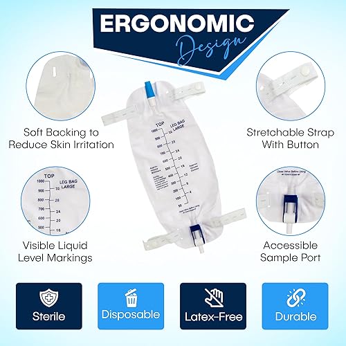 Miniatura 3 de Bolsa de drenaje urinario, paquete de 3 unidades, 32 onzas con 3 tubos de 18 pulgadas, válvula antirreflujo, correas de tela, drenaje fácil y 1