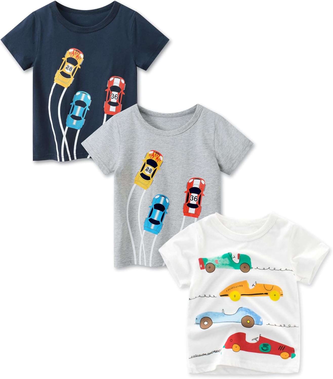 BeiVSlley Toddler Boy Shirts 3-Pack, Boys Summer Clothes, Short Sleeve Dinosaur Excavator Graphic Tees for Boys 2-6 Years