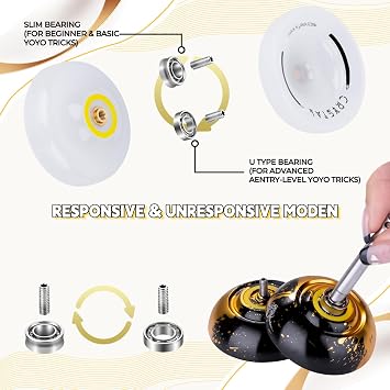 RESPONSIVE YOYO 2 PACK - N11 Black Golden Yoyo and K2 Snow White Finger Spin Yoyo Yoyo Beginners Dual Purpose Yoyo Bearing Kit + 2 Yoyo Bags + 12 Yoyo Strings