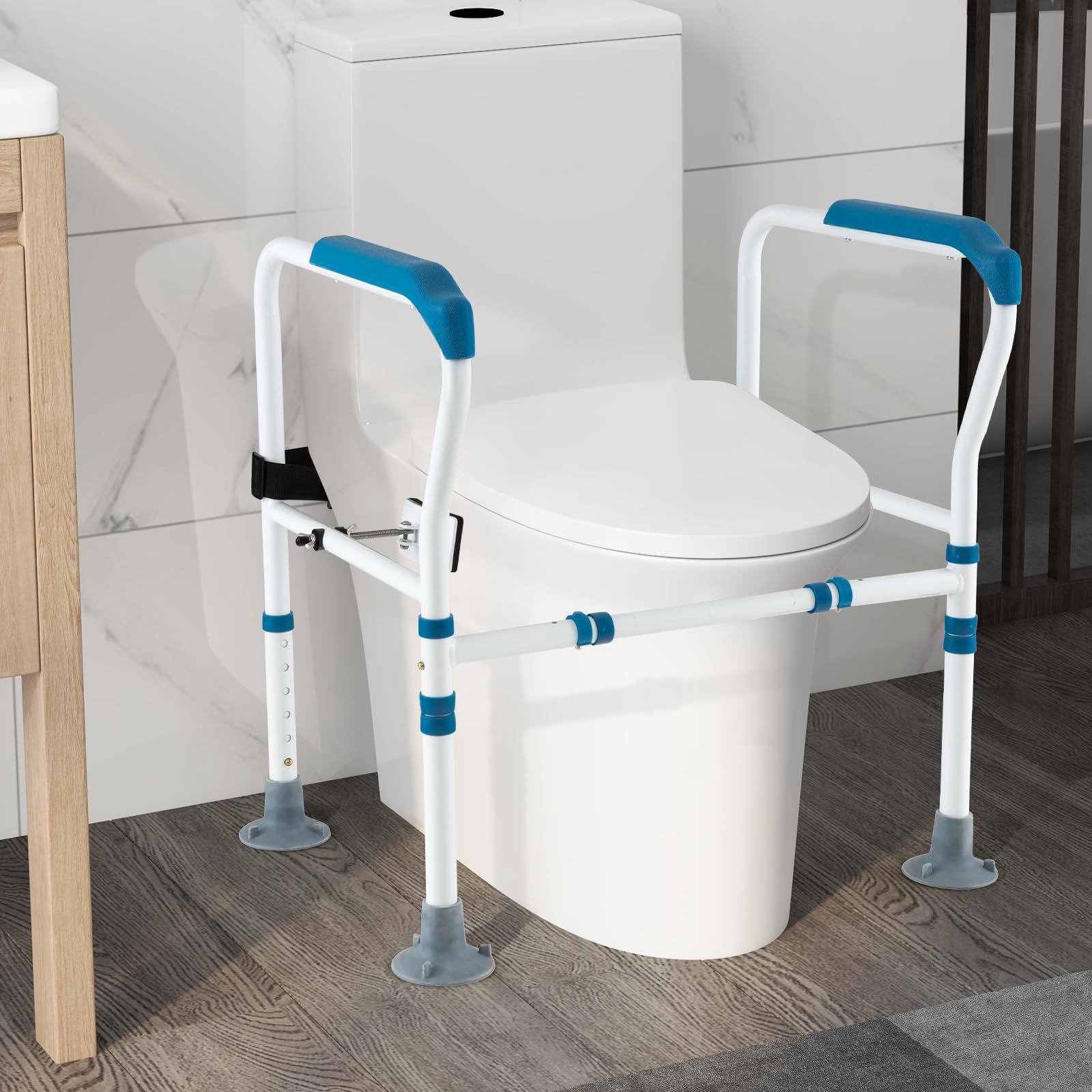 HOMASIS Rialzo WC per Anziani Regolabile in Altezza a 6 Posizioni, Maniglione Bagno Disabili con Piedini Antiscivolo, Alzawater per Anziani e Disabili, Fino a 136 kg, 68 x 49,5 x 78 cm (Blu)
