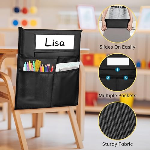 Miniatura 3 de Paquete de 12 bolsillos para sillas para aulas, bolsillo negro para silla con 3 bolsillos de almacenamiento resistentes, bolsillos para respaldo de