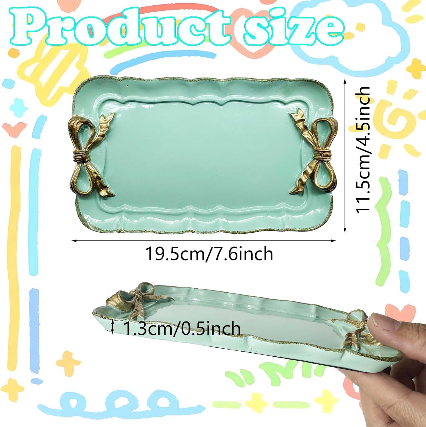 Cayway Vintage Decorative Tray, Vintage Resin Tray, Bow-Knot Resin Dish Plate for Towel Tray, Fruit Trays Rings Bracelets Earrings Holder (Green and Pink, 19.5 * 11.5cm[Rectangle]) image 2
