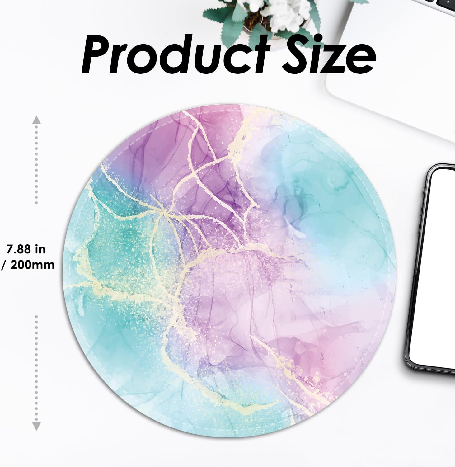 FROGIGO Cute Round Mouse Pad with Stitched Edge, Marble Aesthetic Mousepad for Women, Non-Slip Rubber Base Small Mouse Mat, Washable Desk Accessories for Office Home, 7.87 x 7.87 in-Purple Teal Marble image 3