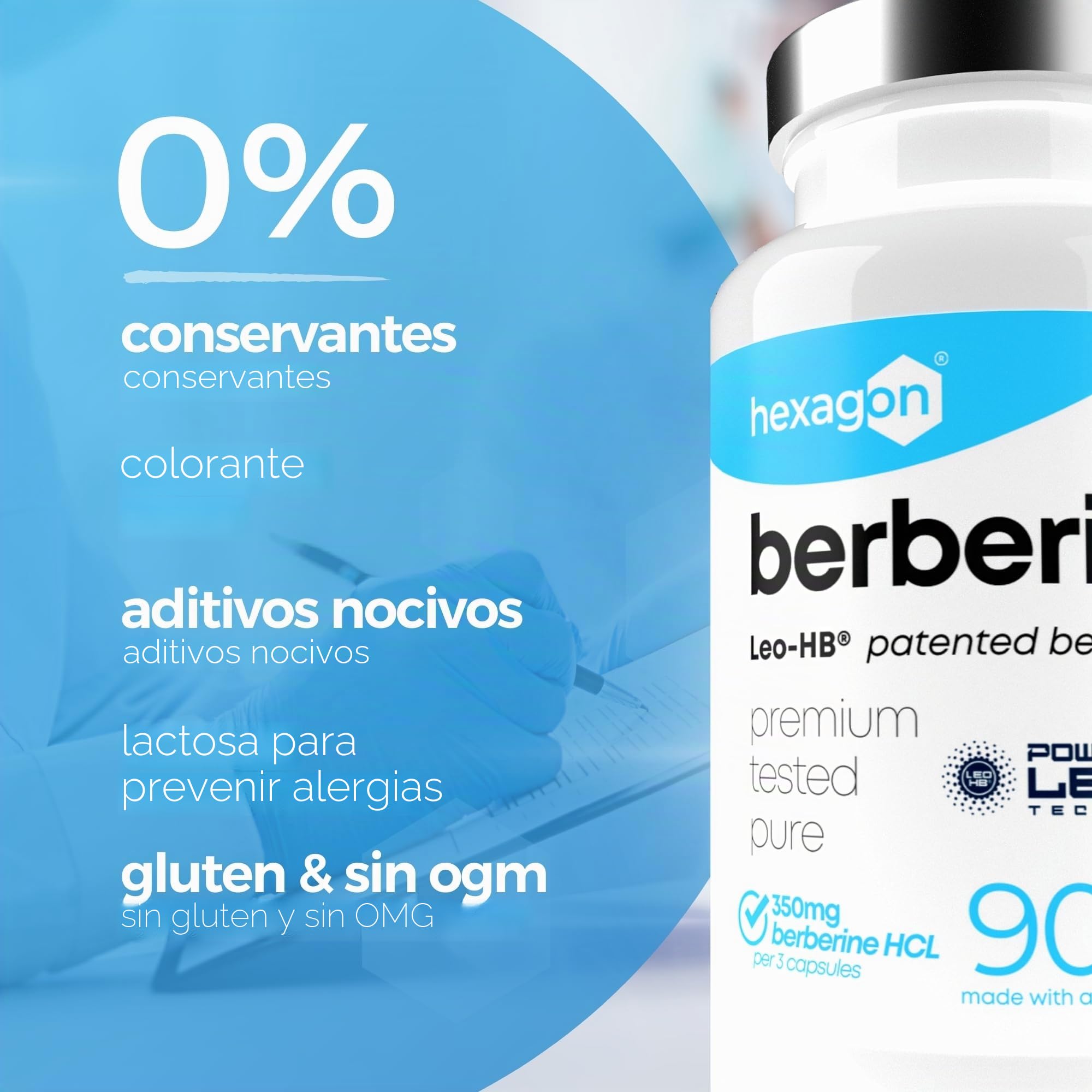BERBERINA - Patente LEO-HB®, 4x Disponibilidad Superior - Hasta +3 Meses de Curación - Berberina HCL de Berberis Aristata - Apoyo Metabólico - Made in France - 90 Cápsulas - Hexagon