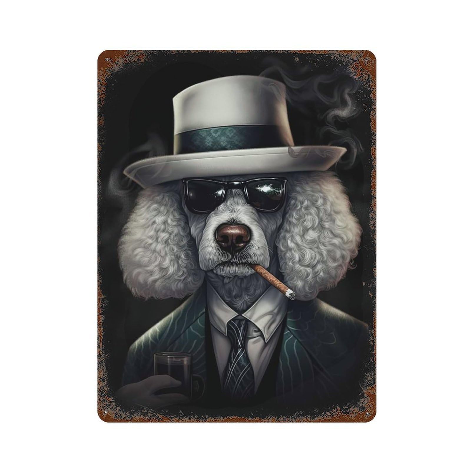 Vintage Metal Tin Sign with Poodle Dog Gangster Suit Design 15.7"x11.8", for Garage, Bar And Workshop Decor, Novelty Wall Decor