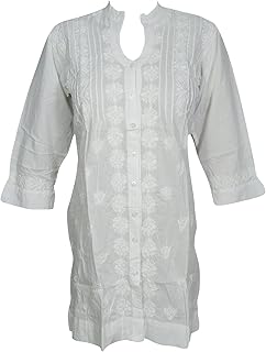Womans Boho Cotton Tunic Dress Floral Embroidered Button Front Coverup S/M