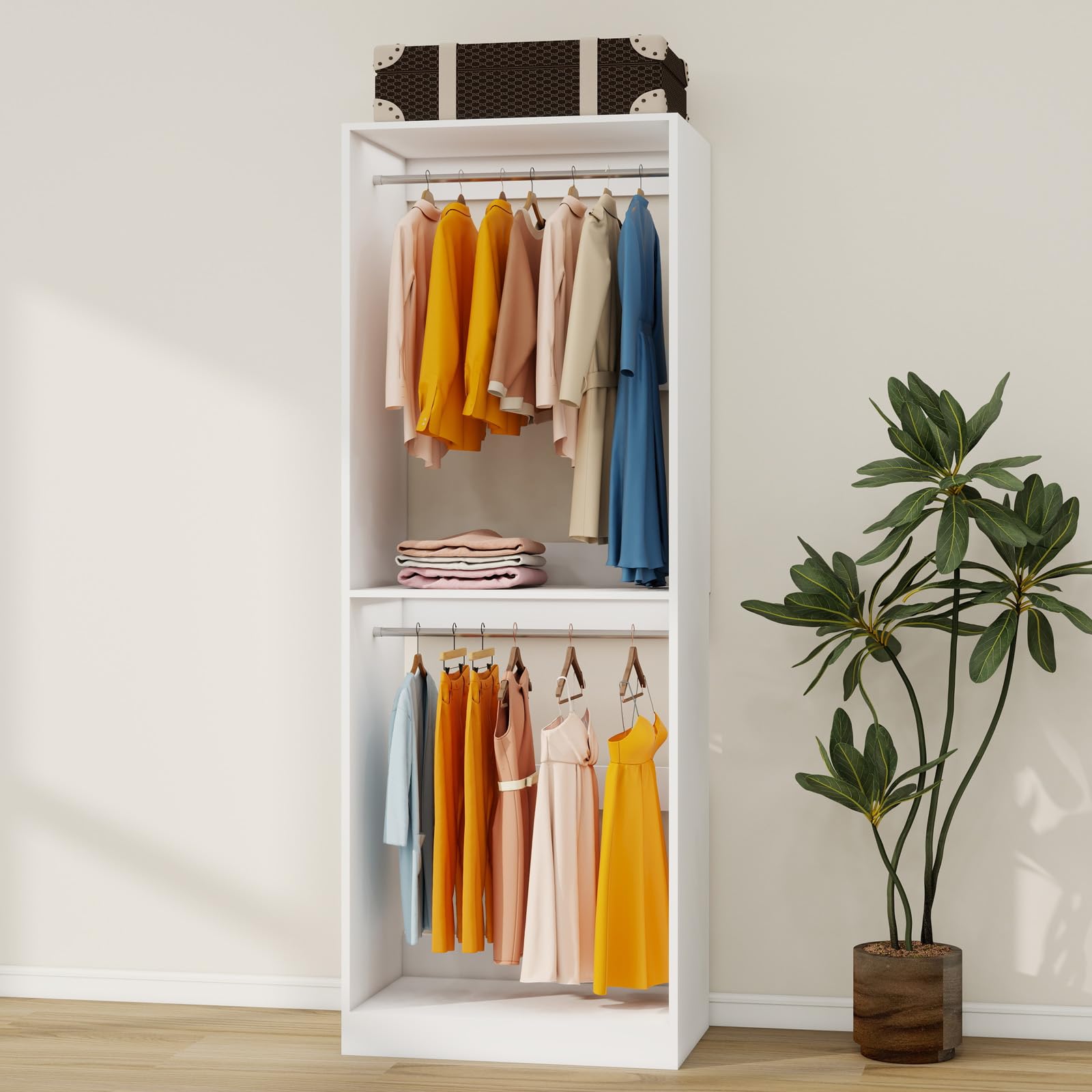 2-5FT Walk in Closet System with Double Hanging Rods, 81" Tall Closet Organizer System Tower, Wooden Closet Storage Cabinet with Side Rod, White