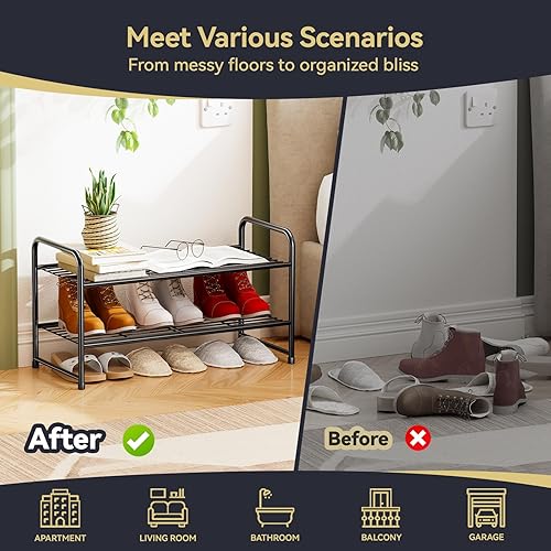 Miniatura 6 de Organizador de zapatos para armario, estante de zapatos apilable de metal resistente de 2 niveles, con capacidad para hasta 9 pares de zapatos,
