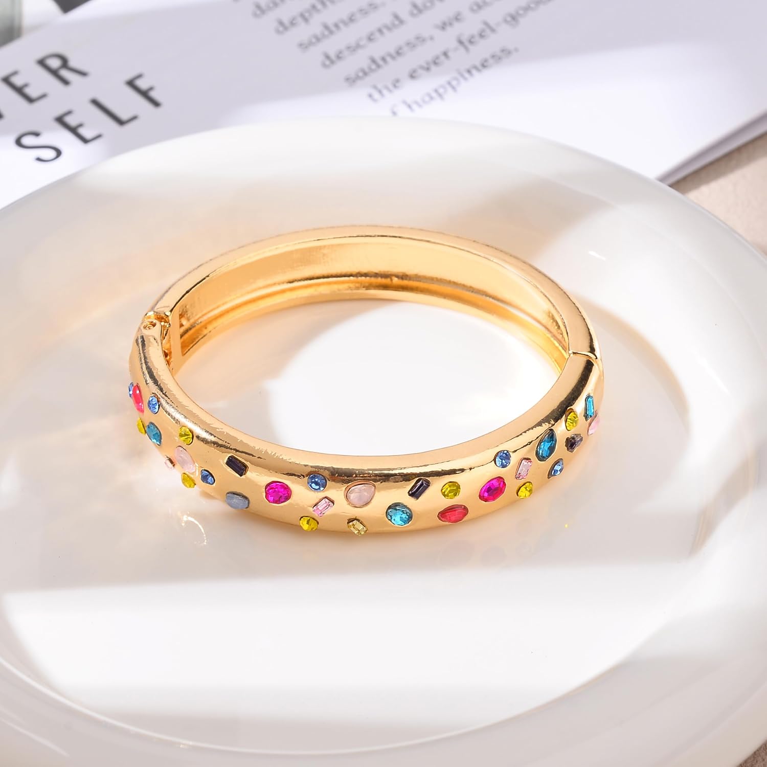 Nicole Miller Goldtone Bangle Bracelet with Multicolor Glass Stones, Hinged Fashion Jewelry, 2.8 Inch