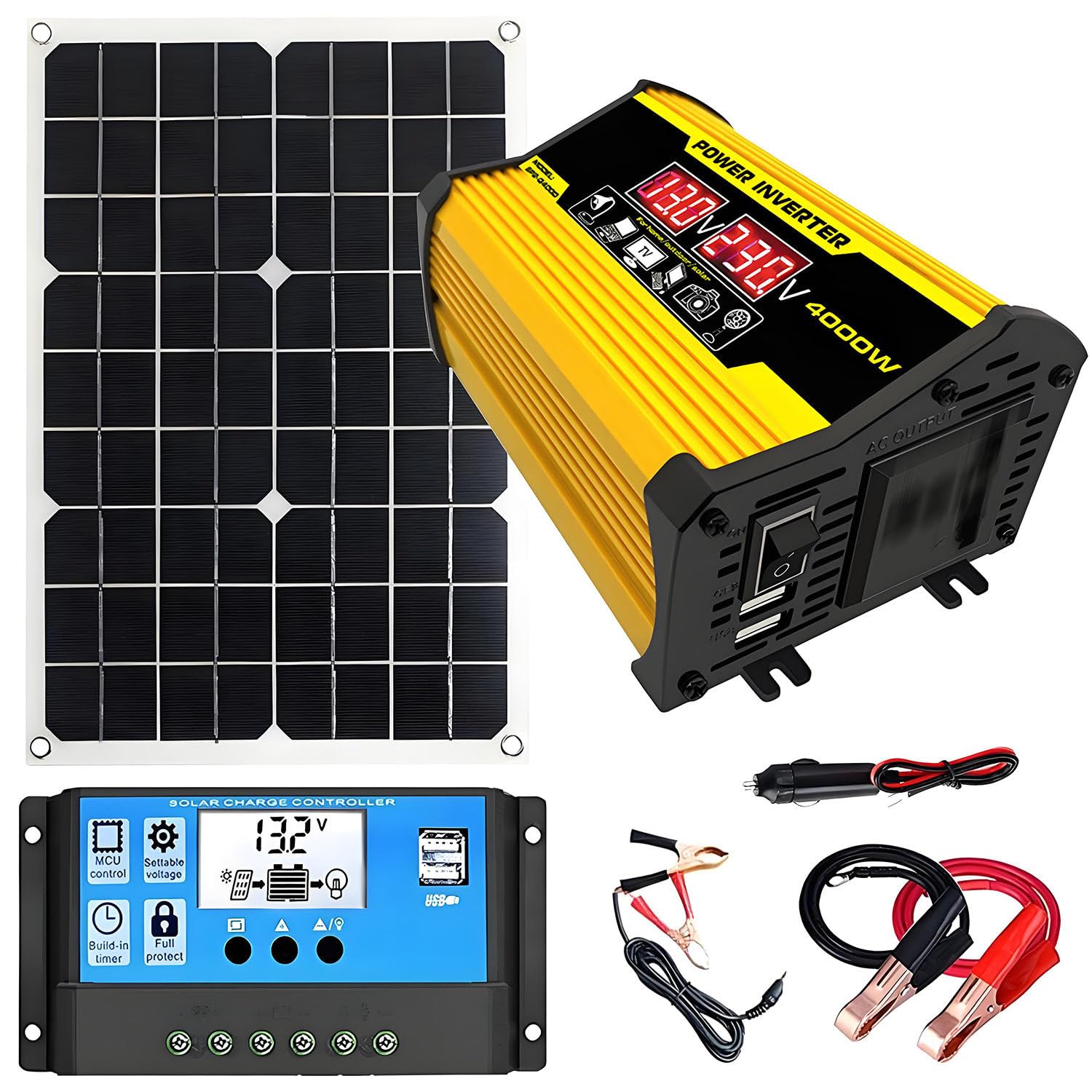Controlador De Panel Solar E Inversor - Placas Solares para Casa Kit Completo con Panel Solar De 18W E Inversor De 400W, Controlador De Carga Solar De 30A Yellow-220V