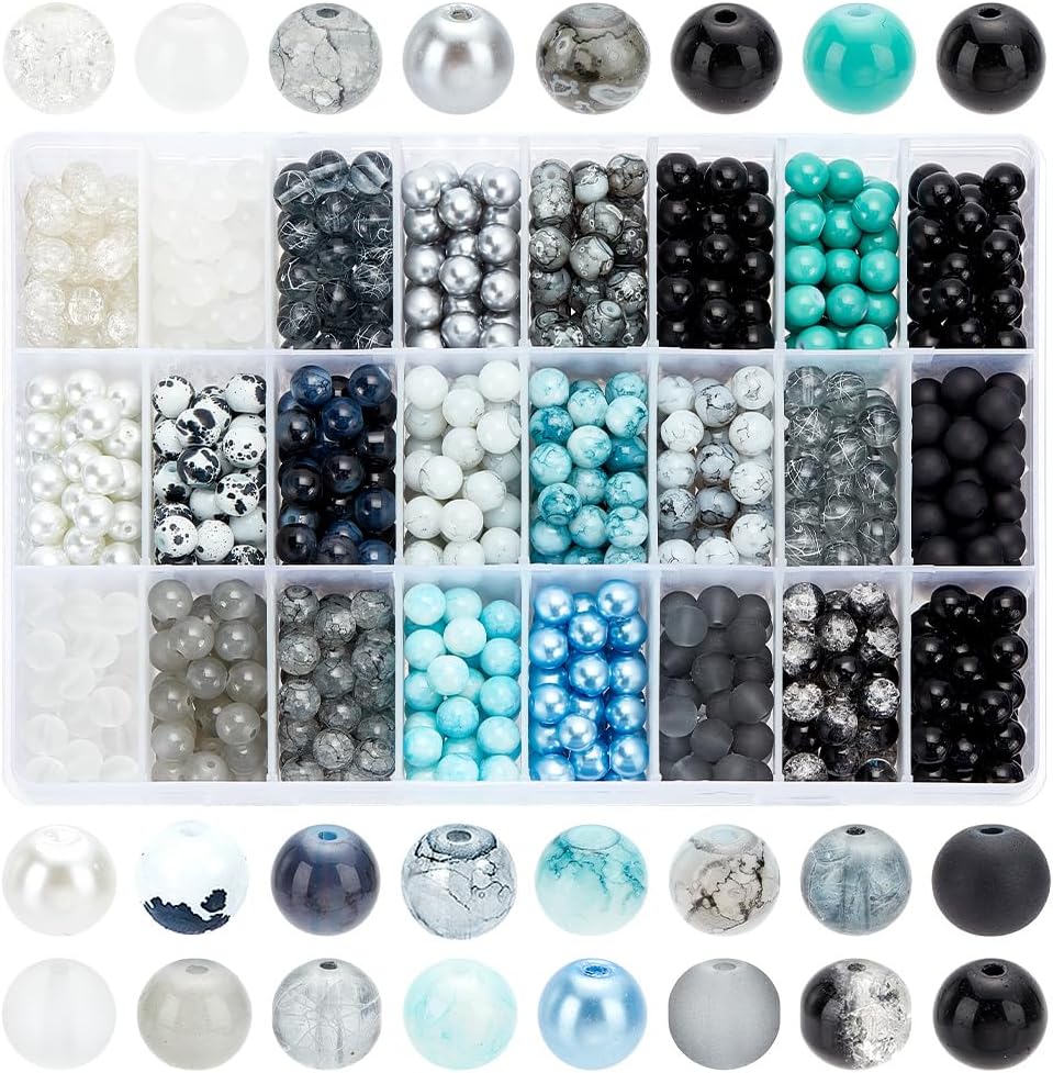 1080pcs 8mm Glass Beads 24 Color Black Bracelet Beads Round Marble Loose Beads Crystal Spacers for Bracelet Earring Necklace Jewelry Making Mubarak Ramadan Decoration