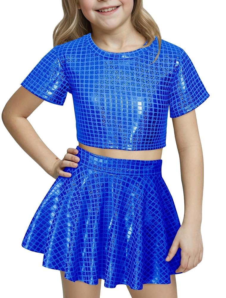 Happy Cherry Kids Girls 2 Piece Dance Outfits Set Sequins Metallic Crop Top with Skirt Jazz Latin Ballroom Performance Outfits