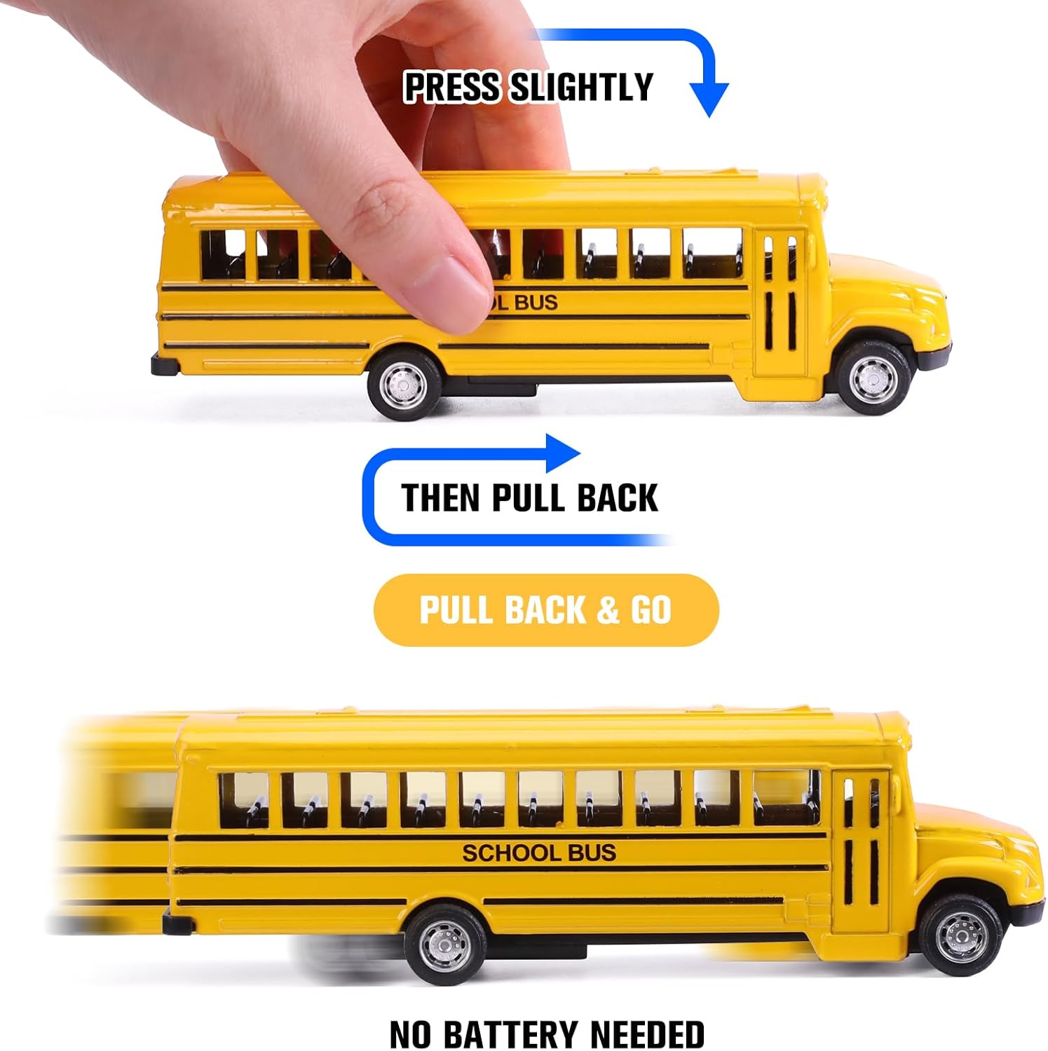 12 Pack Pull Back School Bus Toy Playset, Die-cast Metal Friction Powered Toy Vehicles with Bright Yellow Party Favor Car for Kids Boys Girls
