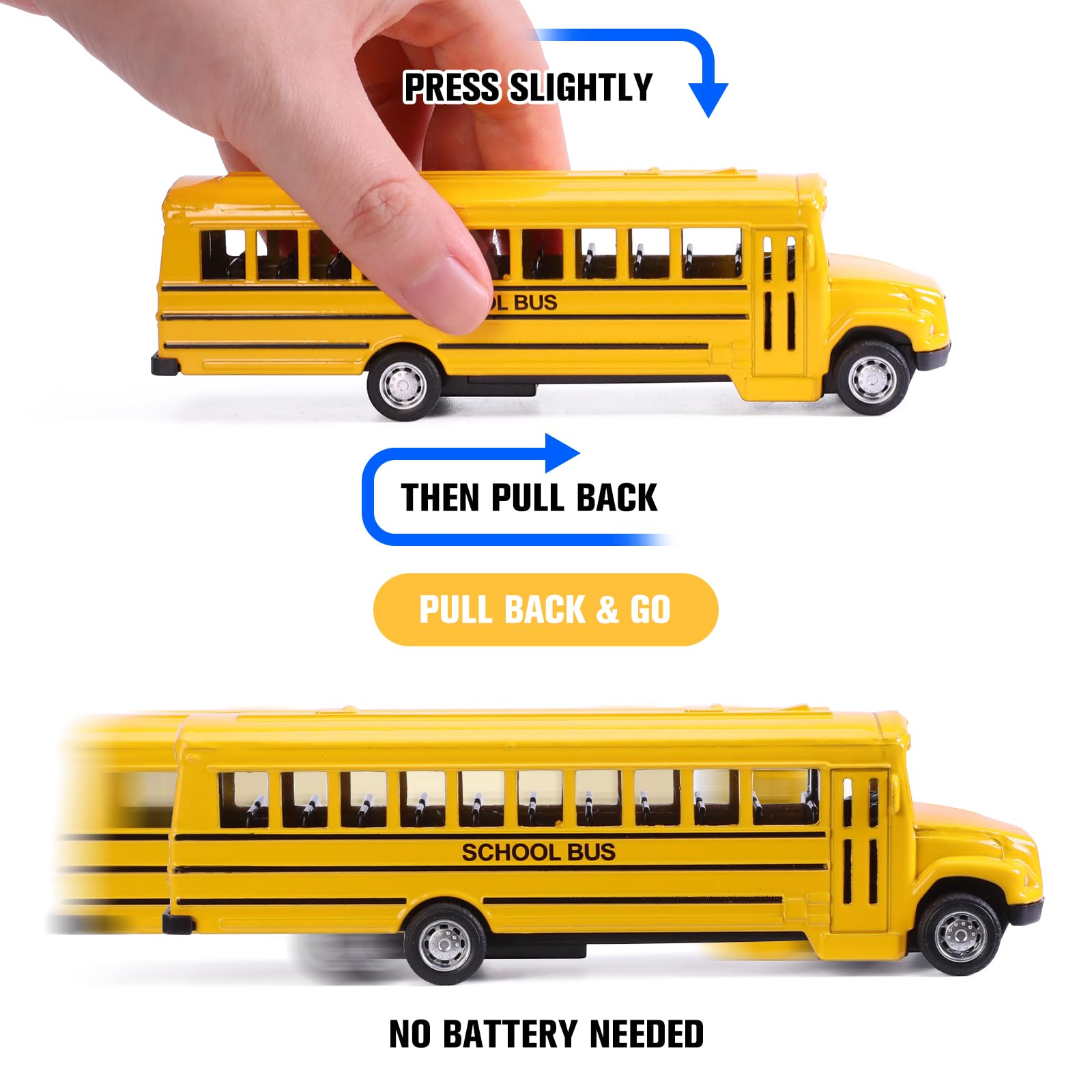 Paquete de 2 juguetes de autobús escolar amarillo brillante, 5.5 pulgadas, vehículos de juguete de fricción de metal fundido a presión para niños y niñas 2
