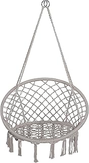 TIENDA EURASIA – Silla Colgante Exterior | Material Tejido de Cuerda Macarmé de Algodón Hilado Suave | 2 Ganchos de Metal | Color Gris Claro | Asiento Ancho de Encaje | 80x40cm