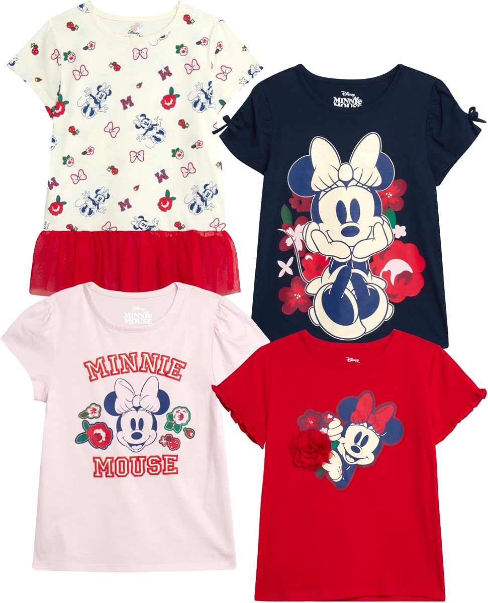 Disney Princess Minnie Mouse Toddler Girls Short Sleeve Graphic Tees 4 Pack | Officially Licensed, Vibrant fun Graphics, Soft Cotton Blend, Comfortable Everyday Fit, Great for School, Play & Layering